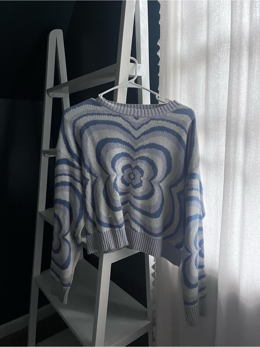 Altar'd State Blue and Cream Floral Ripple Crewneck Sweater